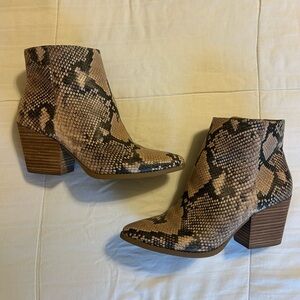Sun + Stone Snake-Print Ankle Booties in Tan and Black
